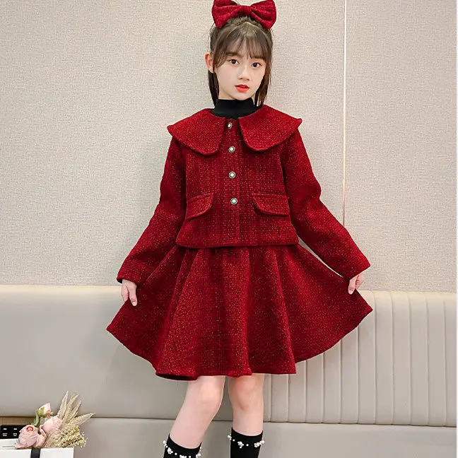 2026 spring winter Girls set Cloth red teenager knitted button Cardigan crop top coat + pleated skirt 4 8 5 10 12 14 new year