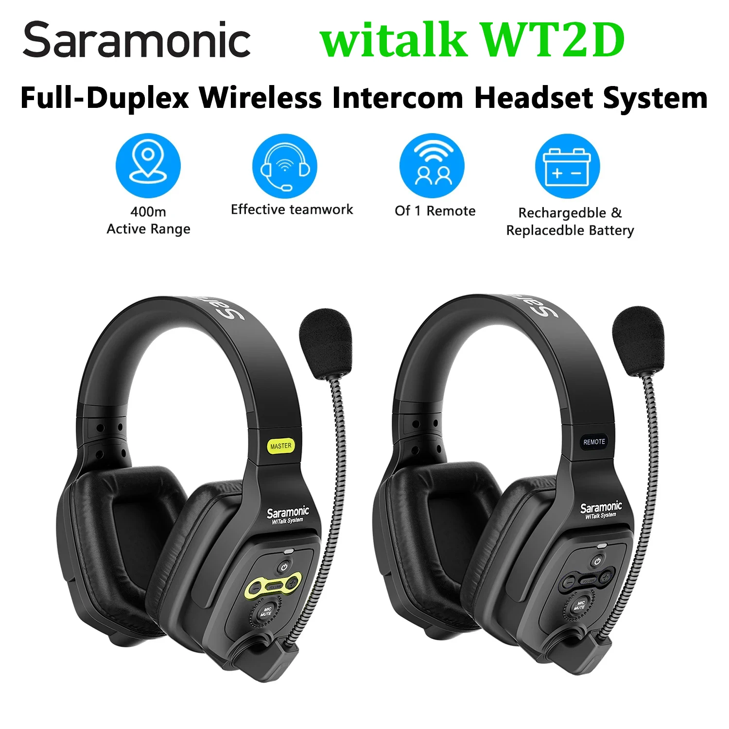 

Saramonic Witalk WT2D Full Duplex Wireless Intercom Headset System Team Communication Headsets Microphone for Film Stage Sports