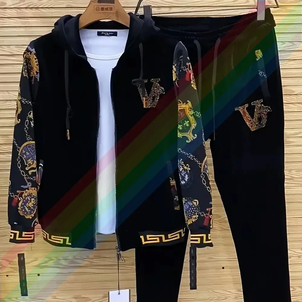 Men's Spring and Autumn Coat 2024 New Gold Velvet Casual Two-Piece Suit Pants Suit All-Match Fashion Fashion