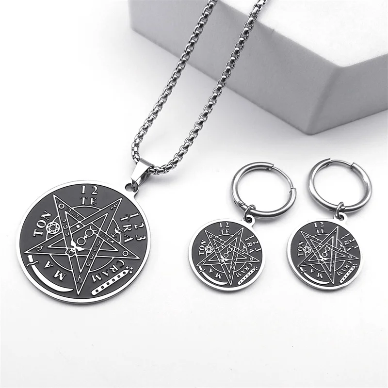 Set di gioielli in acciaio inossidabile pentagramma di stregoneria Tetragrammaton Guardian Star Rune salomone collana orecchini braccialetto gioielli