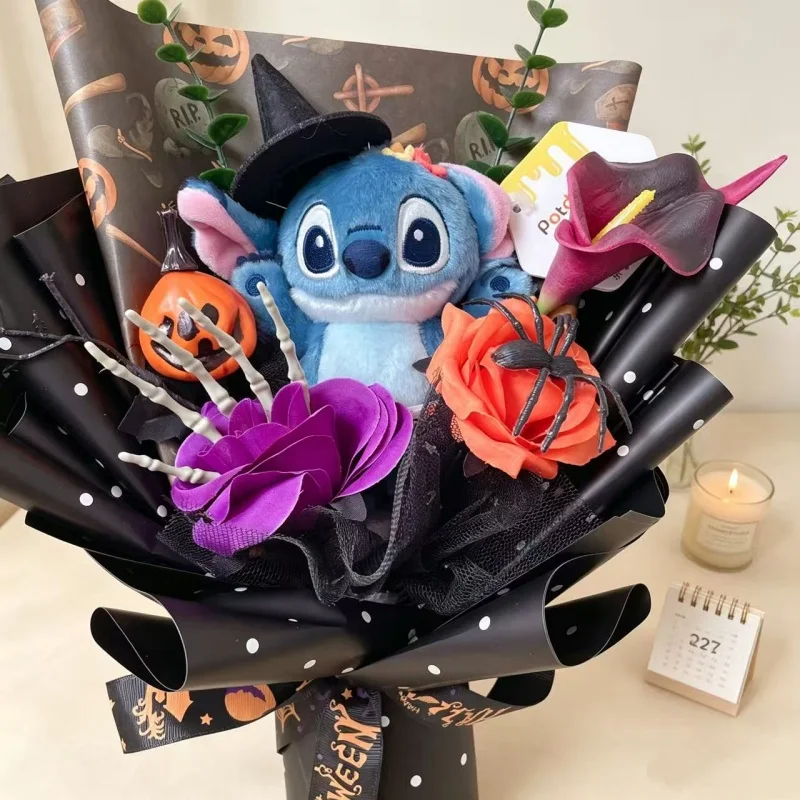 Genuine Stitch Plush Dolls Small Pendant With Artificial Flowers Handmade Bouquets Gifts For Valentine Graduation Christmas