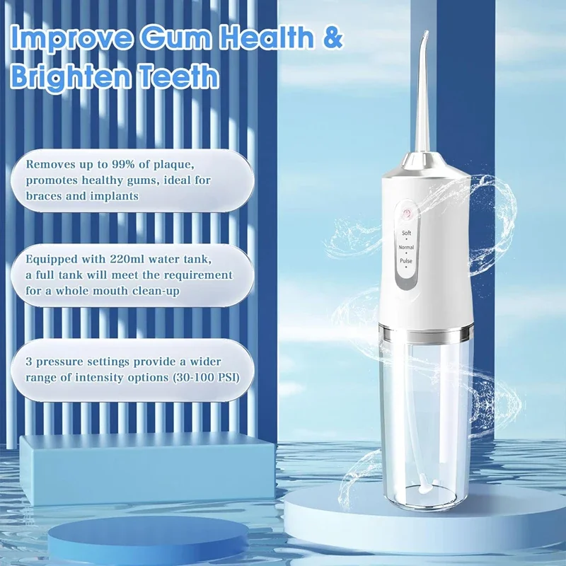 ​Portable Cordless Teeth cleaning machine Travel Oral Irrigator USB Rechargeable 3 Modes 4 Jet Tips IPX7 Mouth Washing Machine