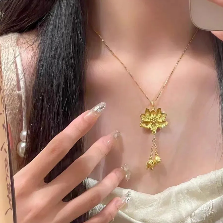 Vintage Lotus flower necklace tassel Chinese style antique gold craftsm pendant sweater chain classical wedding jewelry gift - view 2