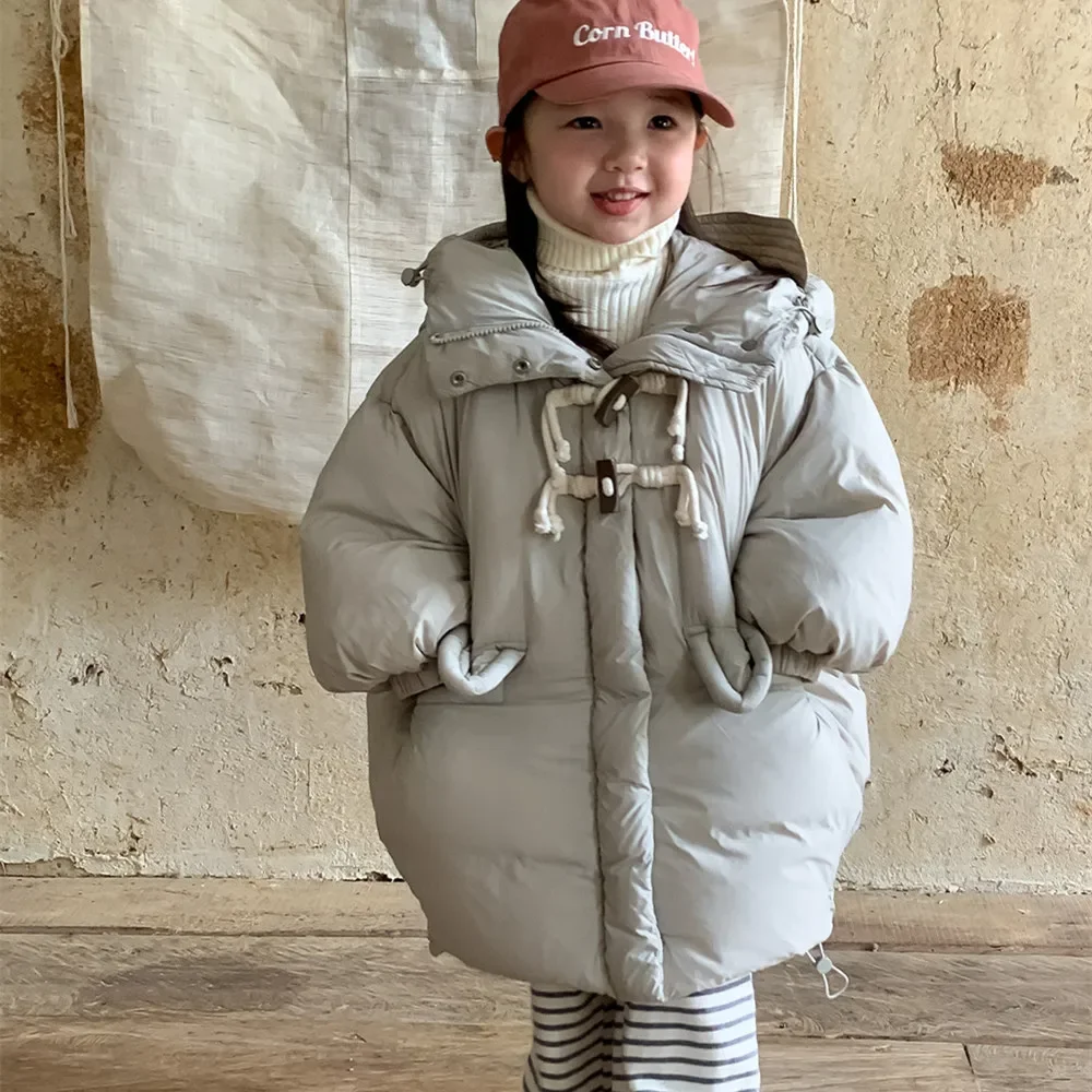 

Girls Down 2024 New Winter Children Down Jacket Long Hooded Warm Jacket Simple Casual Fashion Coat Korean Simple Style Down