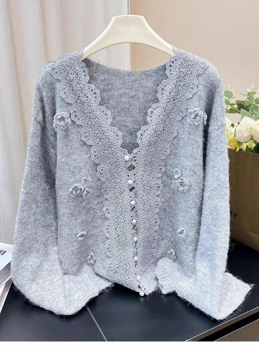 Chic Autumn New Gentle Wind 3D Flower Embellied Splicing Lace V-ne Knitted Open Cardigan Women's Faion Outerwear