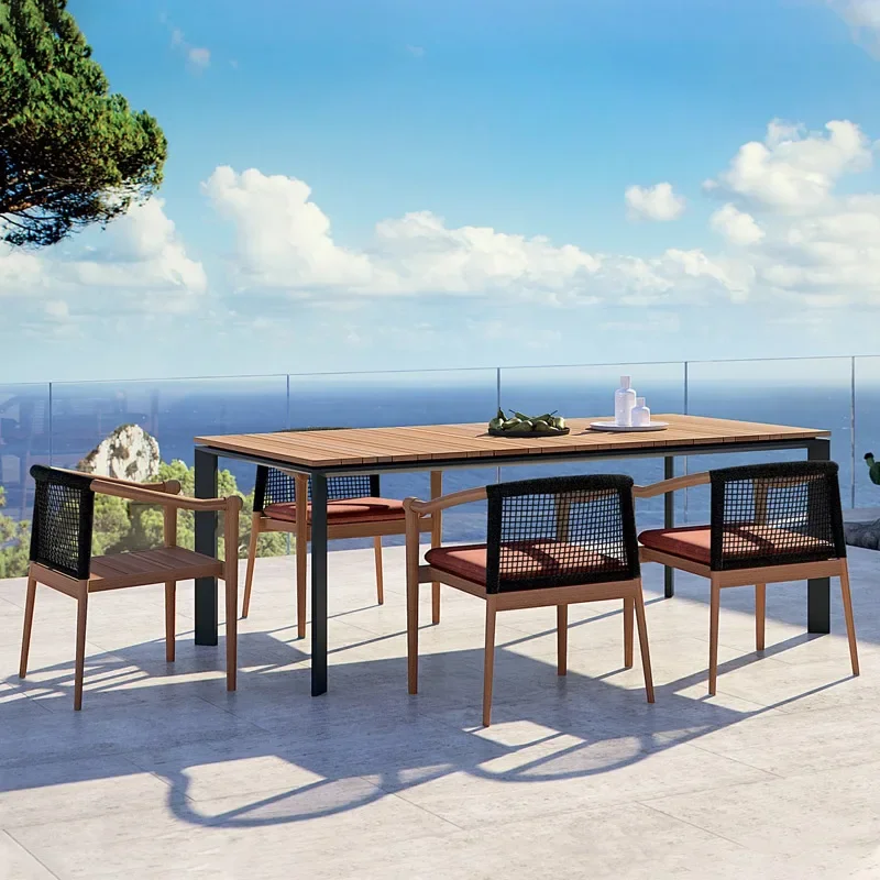 Outdoor Simple Resort Garden Table Chair Leisure Courtyard Terrace Solid Wood Round Table 5 Pieces of Furniture