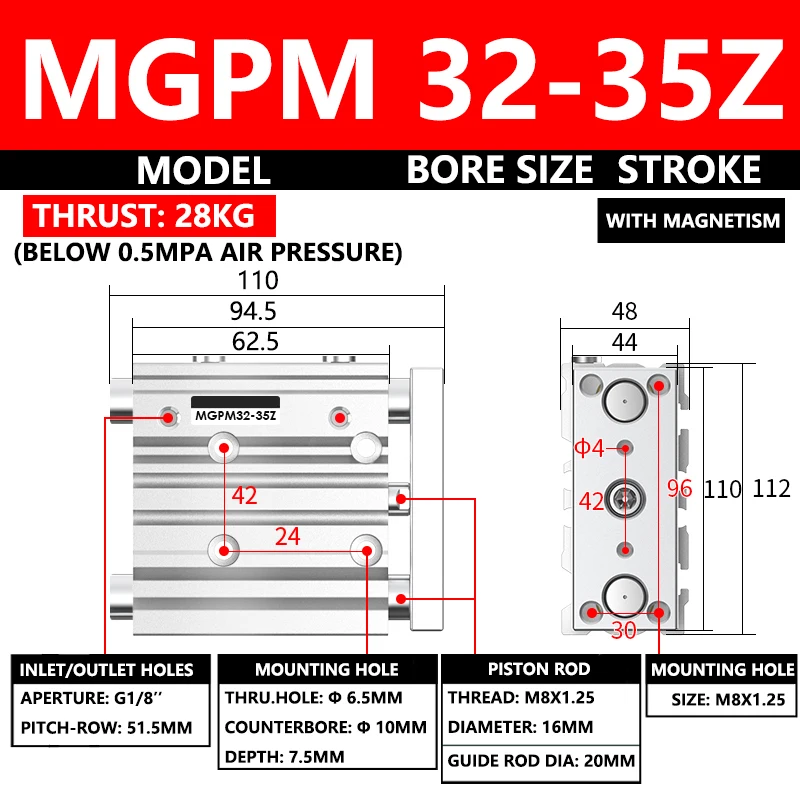 ABILKEEN MGPM Series Pneumatic Compact Guide Cylinder MGPM32-35Z 12MM Bore X 35MM Stroke Thin Three Axis Three Rod Air Cylinder