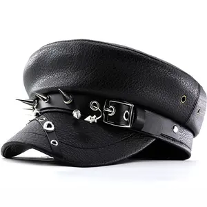 Women's punk Y2k Trendy Beret Black Pu Cool Punk Skull Spike Cap Leather Flat Top Captain Military Caps Women's Accessories