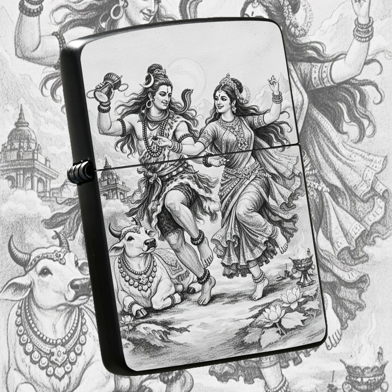 Hindu Lord Shiva And Goddess Parvati Dancing Pattern Lighter, With Sacred Nandi Bull Art Print, Ideal For Daily Use, Religious Rituals, Outdoor Activities, Home Decor, Cultural Collection, Thoughtful Exquisite Gift For Festival And Special