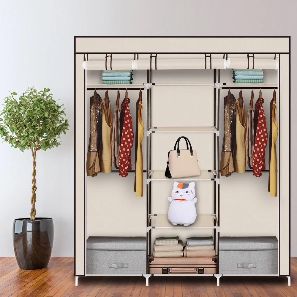 

69" Portable Clothes Closet Non-Woven Fabric Wardrobe Double Rod Storage Organizer Beige