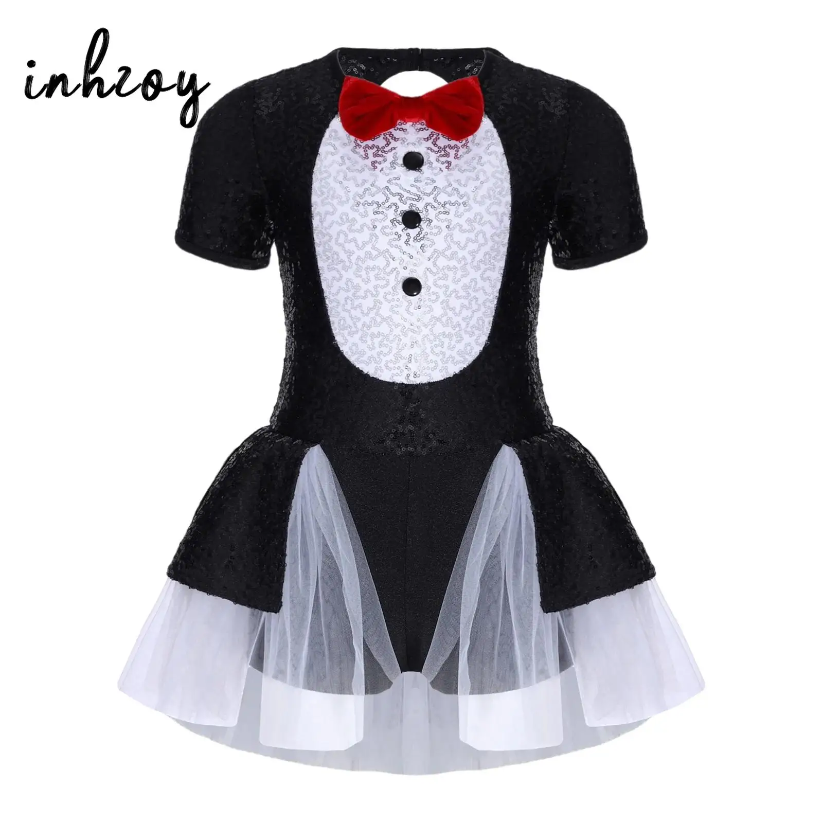 

Танцевальный костюм пингвина для девочек, купальник с блестками, юбкой-пачкой и галстуком-бабочкой для балетных выступлений и бальных вечеринок