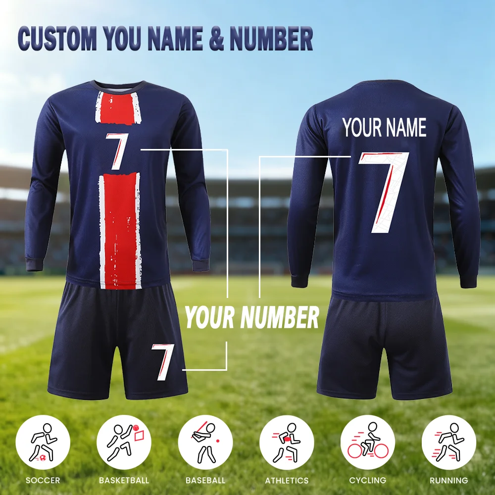 Set Football Jersey Kids Red Blue  Soccer Long Sleeves Jersey + Long Pants Custom Name Number Breathable Quick-dry 3-13Years