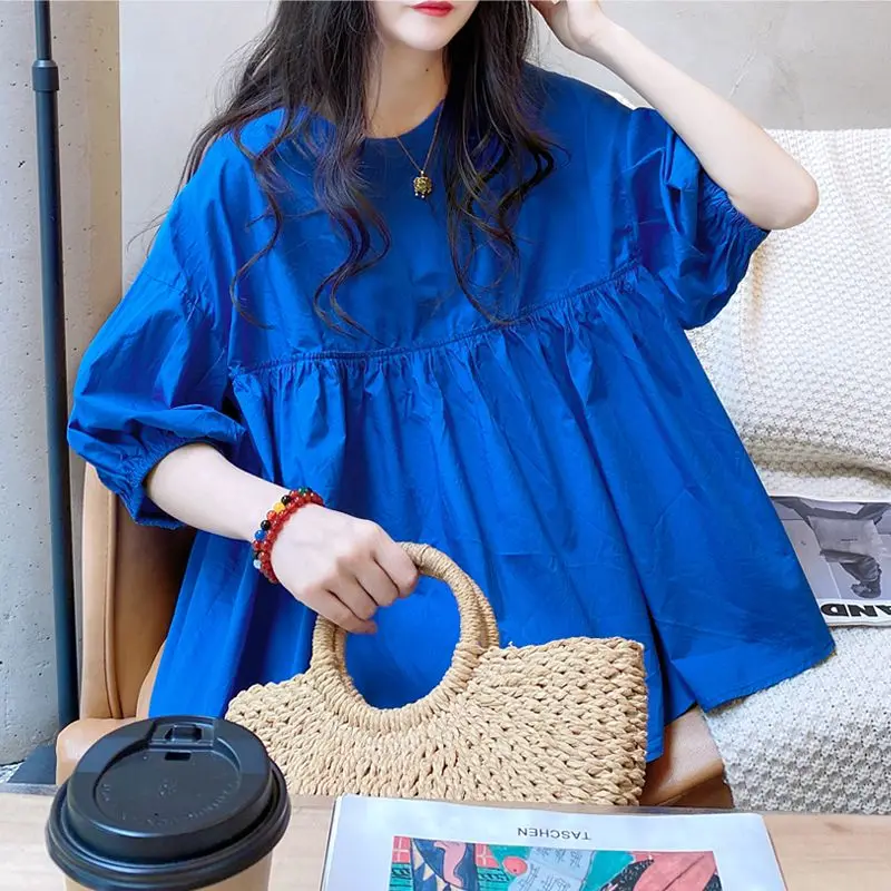 Korean Loose Pleated Blouse Short Sleeve Solid Color All-match Youth Trend Shirt Tops Casual Fashion Summer New Women Clothing