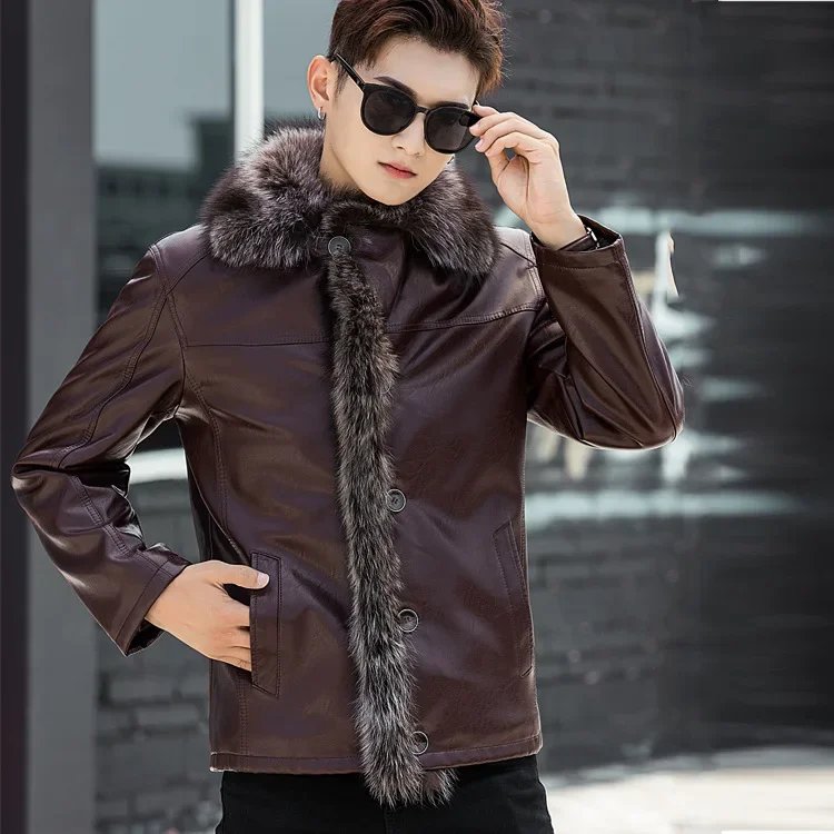 

Men's Winter Jacket Fashion Leather Jacket Men Clothes Single Breasted Short Coat Thickened Warm Raccoon Fur Collar Abrigo Homme