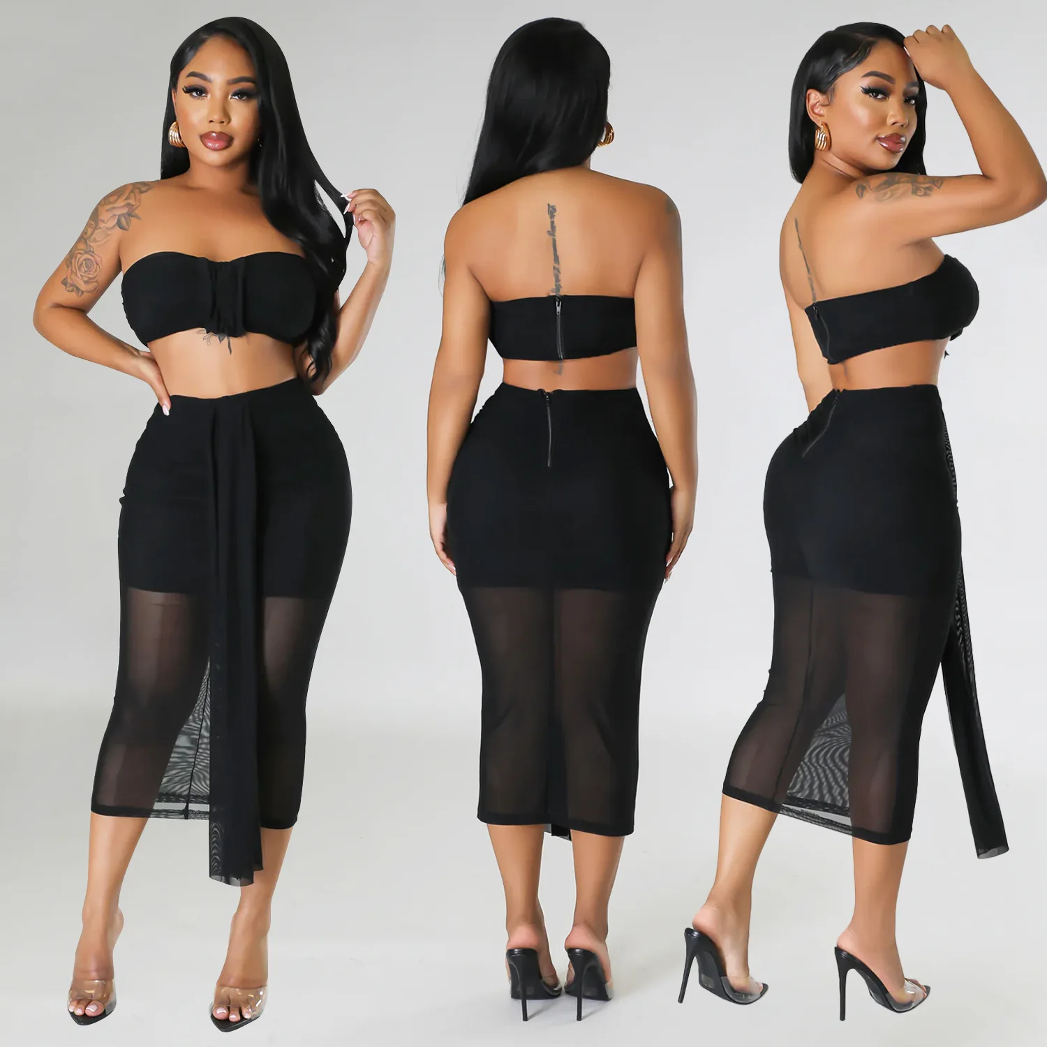 Sexy Sheer Mesh Two Piece Skirt Set Strapless Crop Top Bodycon Long Skirts 2 Pieces Set Sumemr Women Clothes Club Suit Beachwear