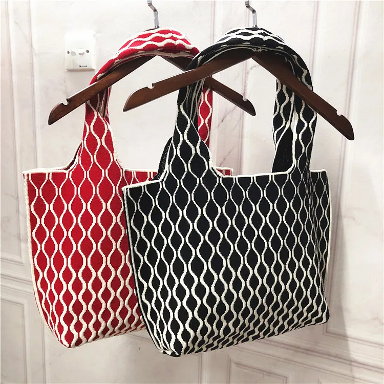 

Large Capacity Woven Tote Bag Women's Handheld Shopping Bag Casual British Style Stripe Pattern Soft Foldable Water Washable