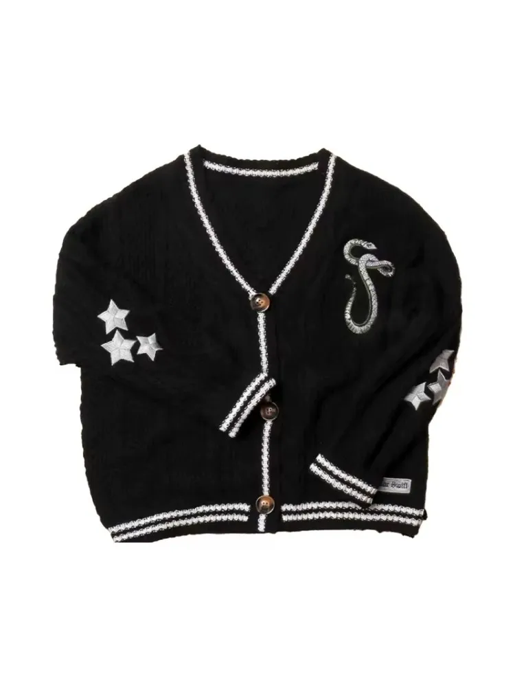 Reputation Cardigan with Snake Star Cardigan Rep Taylor Embroidery V-Neck Button Up Knitted Sweater in Black Fall Winter image 6
