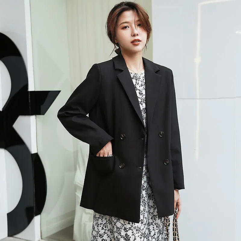 

Xpqbb Women's Black Blazer Jackets Casual Loose Long Sleeve Suit Jacket Ladies Korean Fashiong Double-Breasted Office Blazers