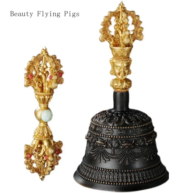 1 set of Nepalese craft brass Vajra bell pestle retro Xizang Buddhist ornament household practice instrument