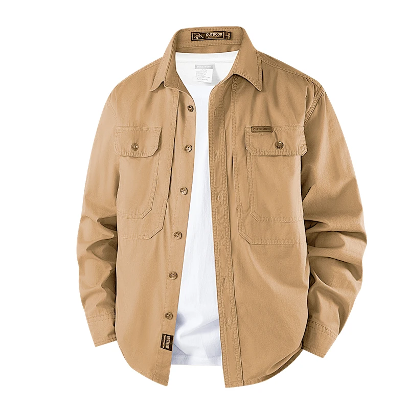 Retro American Multi Pocket Heavy Pure Cotton Long Sleeve Shirts Plus Size Lapel Workwear Tops For Middle Young Men Spring