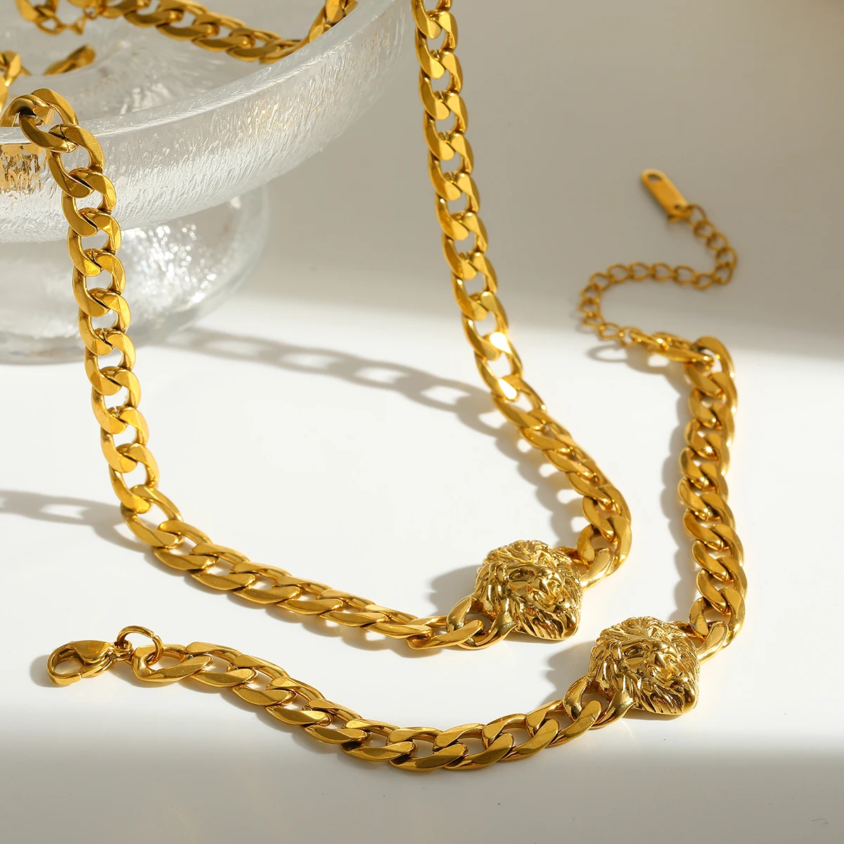 

Lion Cuban Link Chain Jewelry Set Stainless Steel Gold Plated Necklace Bracelet Accessory Gifts For Unisex Oktoberfest Nightclub