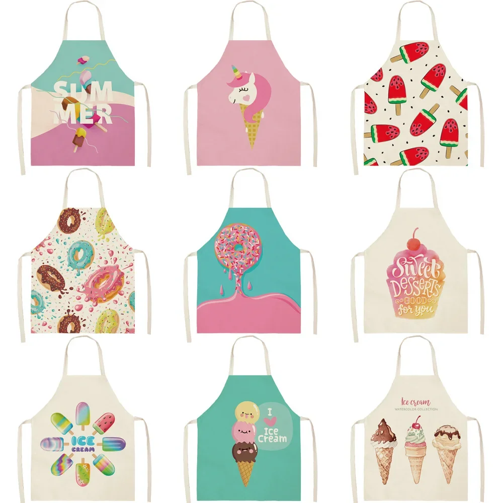 Ice Cream Donut Print Kitchen Aprons Linen Stain Resistant Cute Kids Apron Chef Cooking Baking Apron Unicorn Apron Cleaning Tool