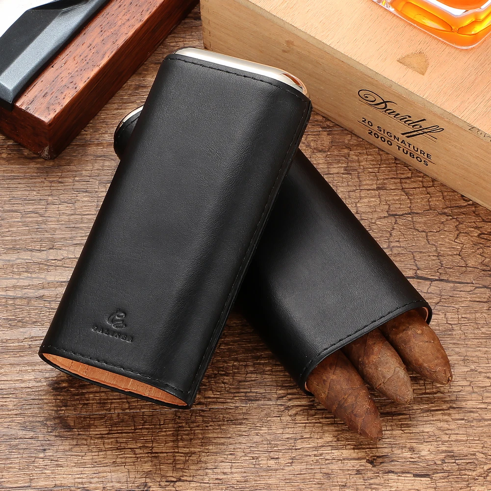 Galiner Travel 3 Tubes Cigar Case Leather Brown Black Portable Mini Humidor Holder Box With Cigar Cutter