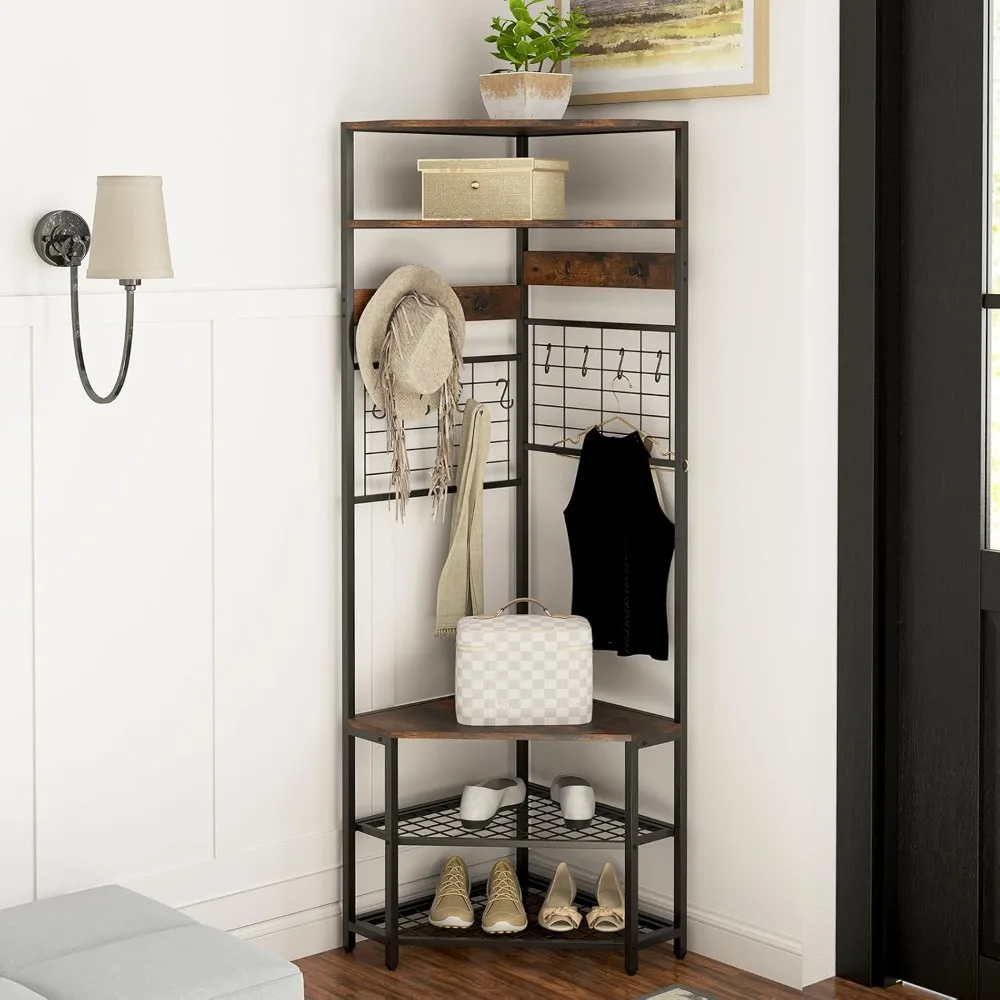 

73" Tall Coat Rack w/Shoe Storage Bench, 12 Metal Hooks, 5-Tier Entryway Shoes Shelf Organizer, Freestanding Clothes Rack