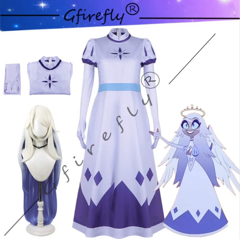 

Hazbin Hotel Angel Emily Cosplay Costume Same Elegant Purple Dress and Wig As The Character Full Halloween Performance Costume