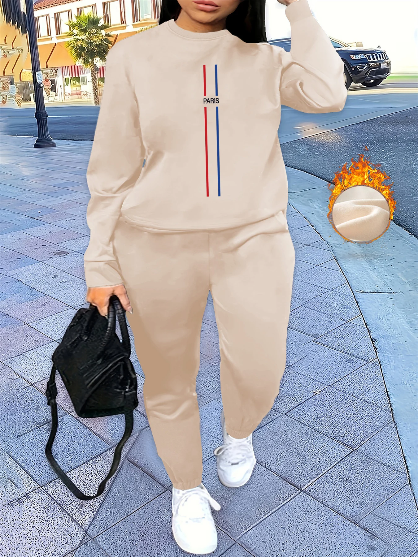 

Women's autumn and winter hip-hop casual Paris letter pattern printed round neck sports shirt+sports pants set warm clothing