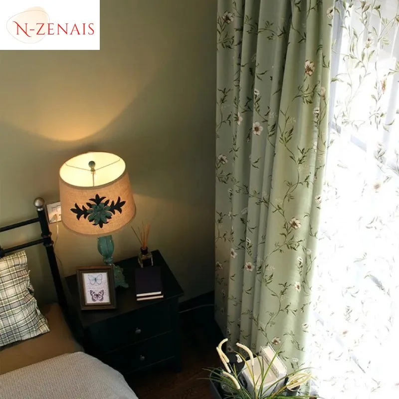 American Cotton Linen Retro Print Green Curtains for Living Room Bedroom Dining Semi-shade Romantic Custom Size Decor Tulle