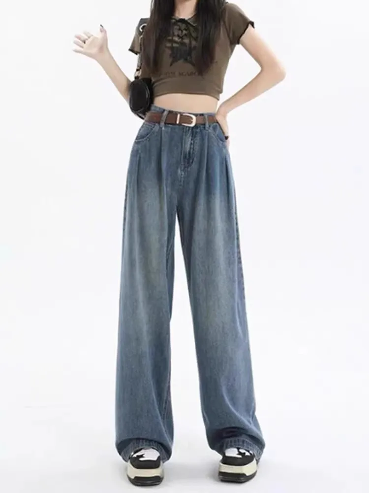High Waist Straight Leg  Denim Pants Women's Winter Thin Hanging Sensation Slimming Ice Silk Wide Leg Floor-Length Pants