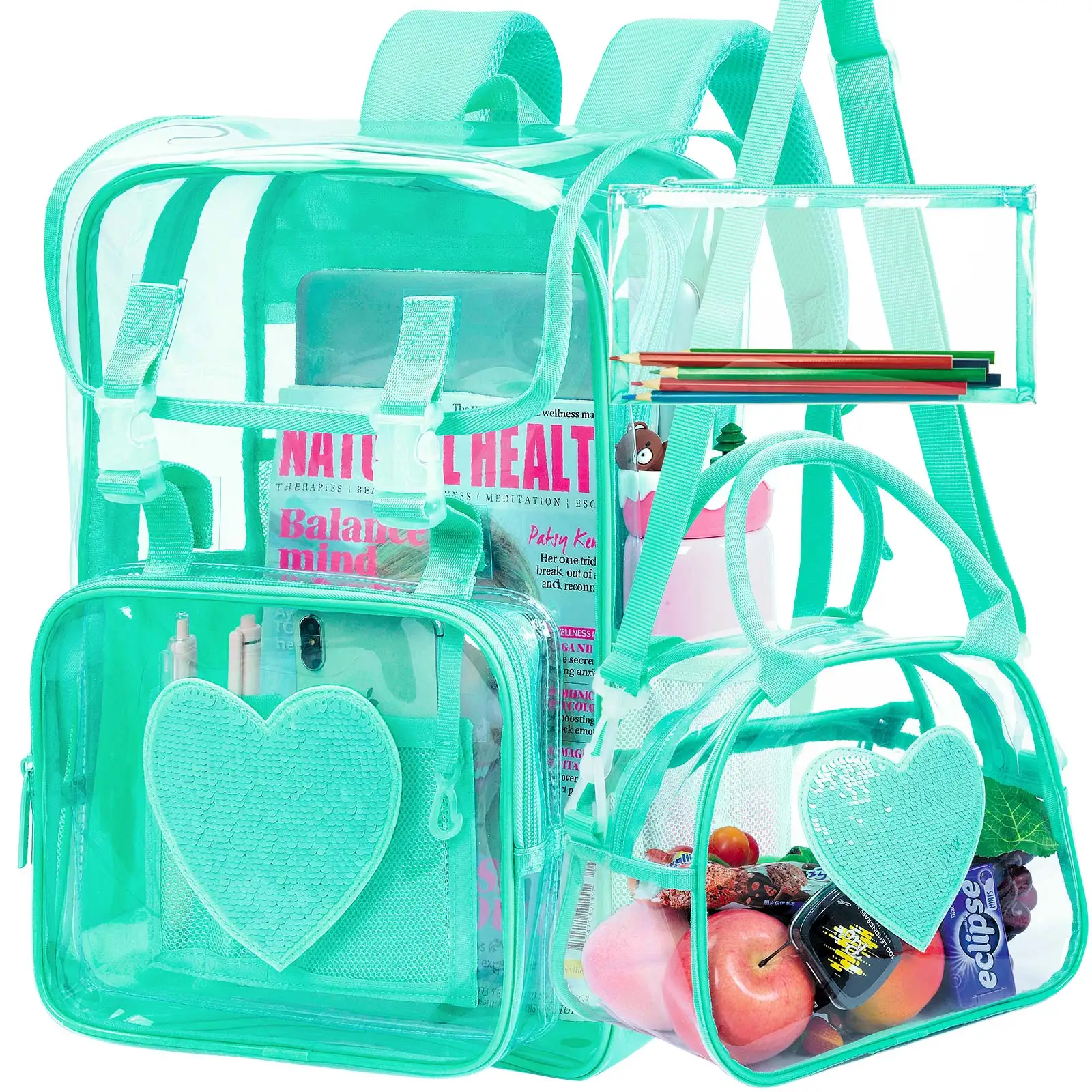 

3PSC Clear Backpack, Heavy Duty Transparent Bookbag for Girls Women, Stadium Approved See Through Backpack with Lunch Box (Green