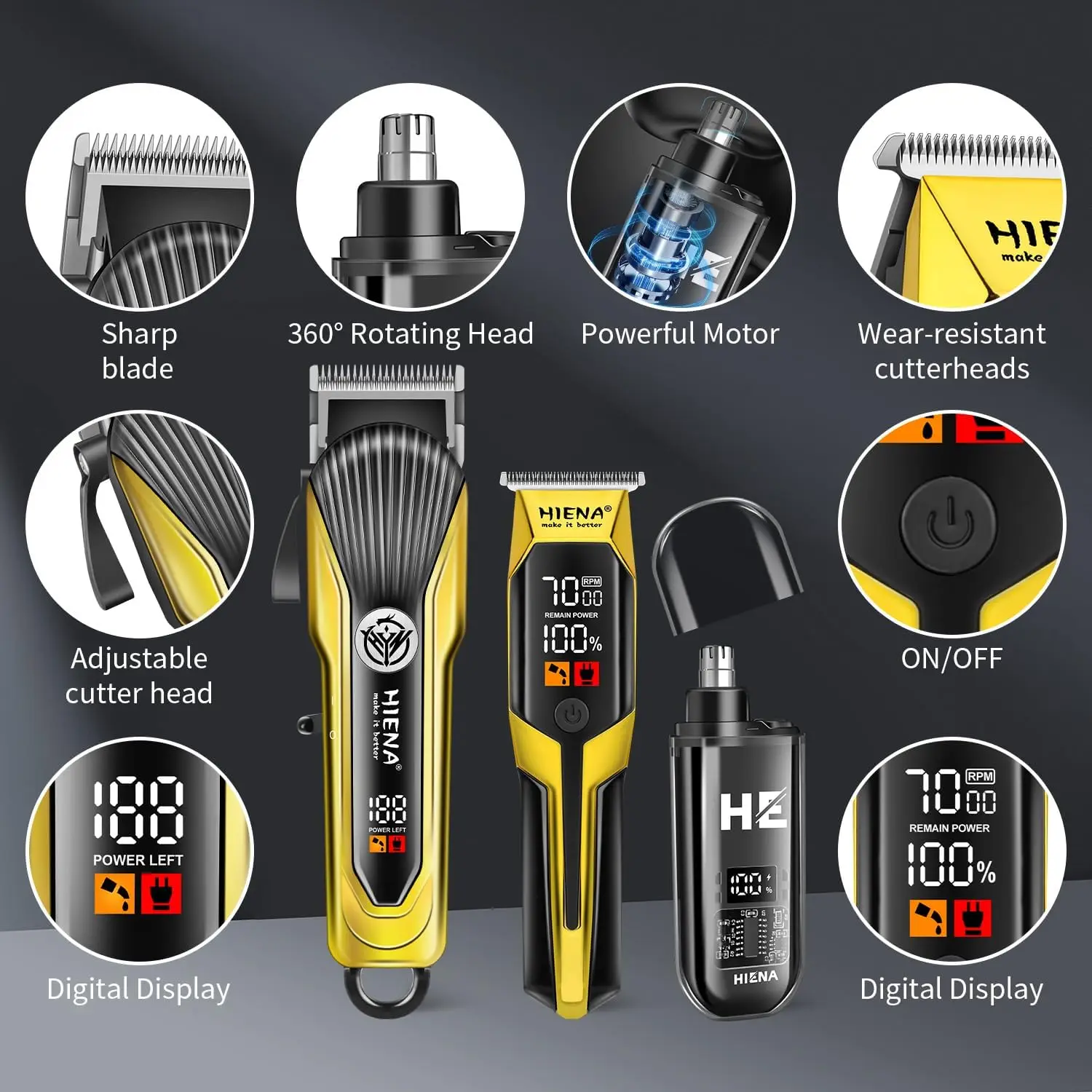 HIENA الرجال مقص الشعر مجموعة المهنية الشعر أداة تهذيب اللحية ذكي LED عرض تصفيف الشعر آلة قطع قواطع الحلاق