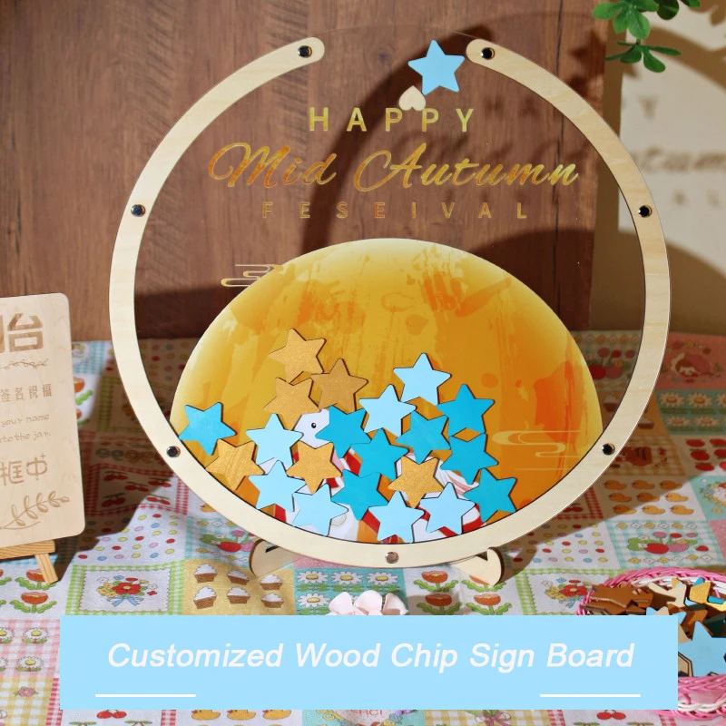 Wooden Slice Sign-in Frame, Creative Moon and Bunny, Easter, Sunday, Custom Logo, Event Signature Board Book,Baby Shower Decor