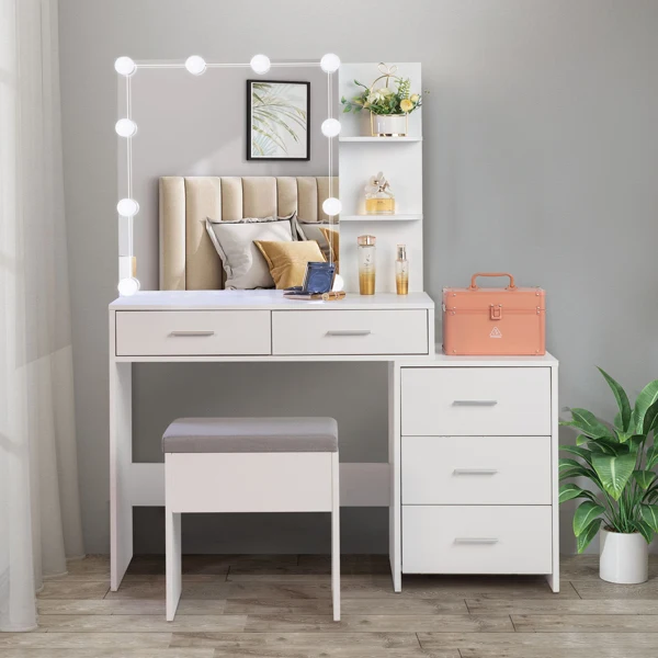 

FCH Particleboard Triamine Veneer 5 Pumps 2 Shelves Mirror Cabinet Three Dimming Light Bulb Dressing Table Set White