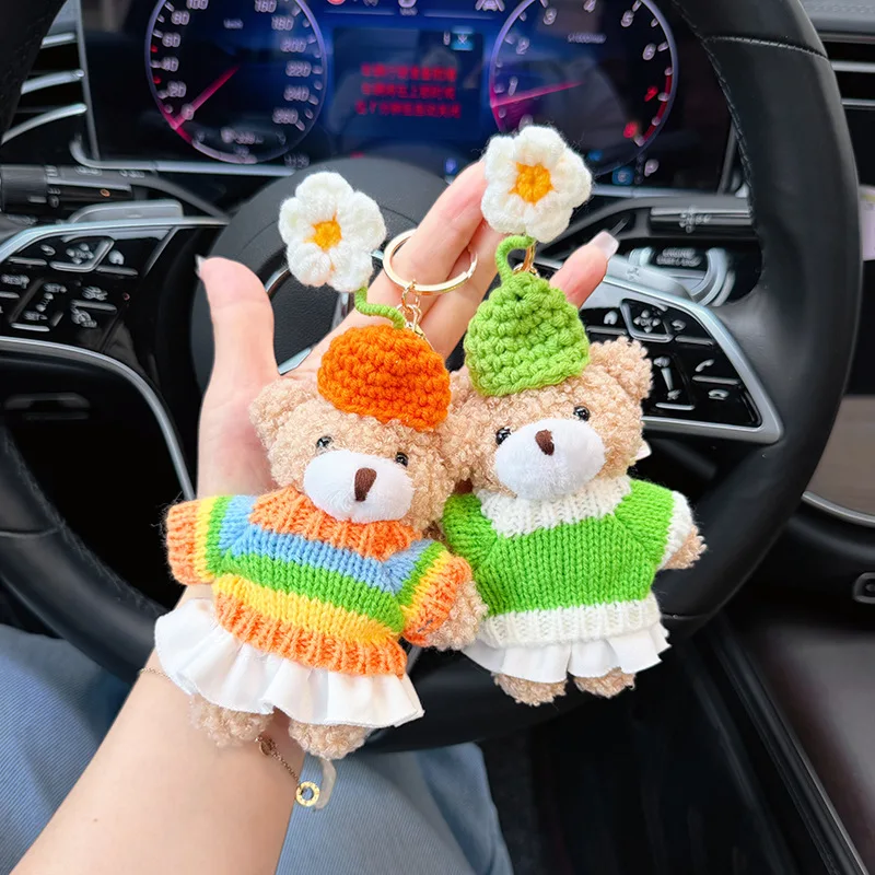 Korean-style Cute Handmade Crocheted Flower Hat Plush Bear Keychain cartoon Sweater Teddy Bear Bag Pendant for Women