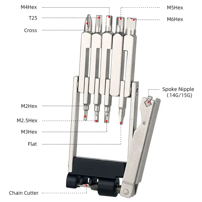 12 In 1 Multi-Function Repair Tool Bicycle 14/15G Spoke Spanner M6/5/4/3/2.5/2 Hex Key Chrom Steel Bike Fitting Tool