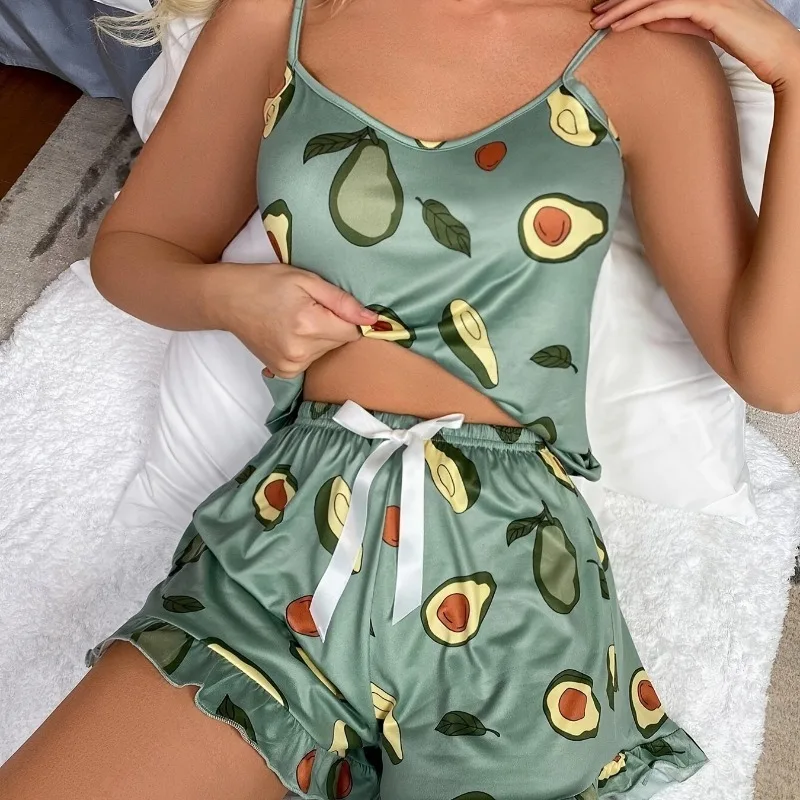 Women\'s Pajamas Two-piece Set of Sleeveless Tops and Shorts Avocado Pattern Home Wear Casual