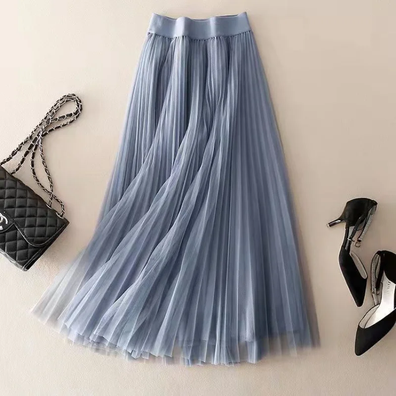 Summer Solid Color Pleated Mesh Skirt Women Classic High Waisted Shirring Slim Temperament Casual Korean Lady Midi Skirt