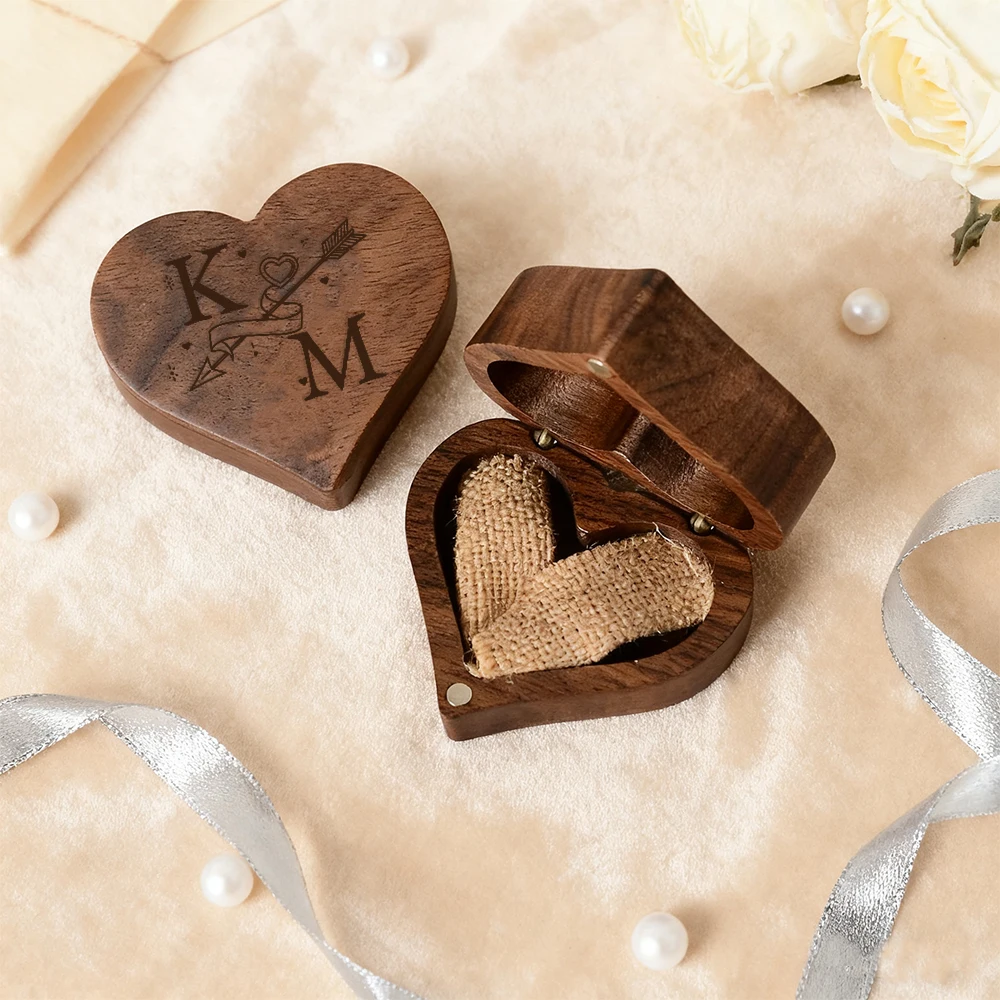 Custom Engraved Heart Shape Wooden Ring Box for Wedding Engagement Proposal, Personalized Jewelry Gift Anniversary Valentine's D