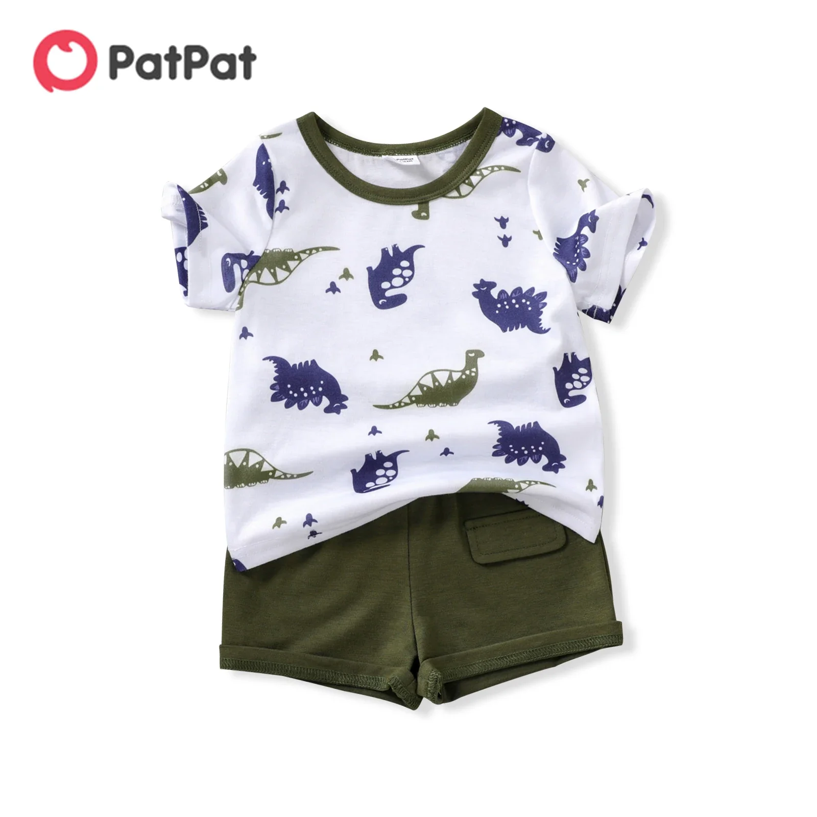 PatPat 2pcs Baby Boy All Over Dinosaur Print Short-sleeve Tee and Solid Shorts Set Soft and Comfortable  Perfect for Outings