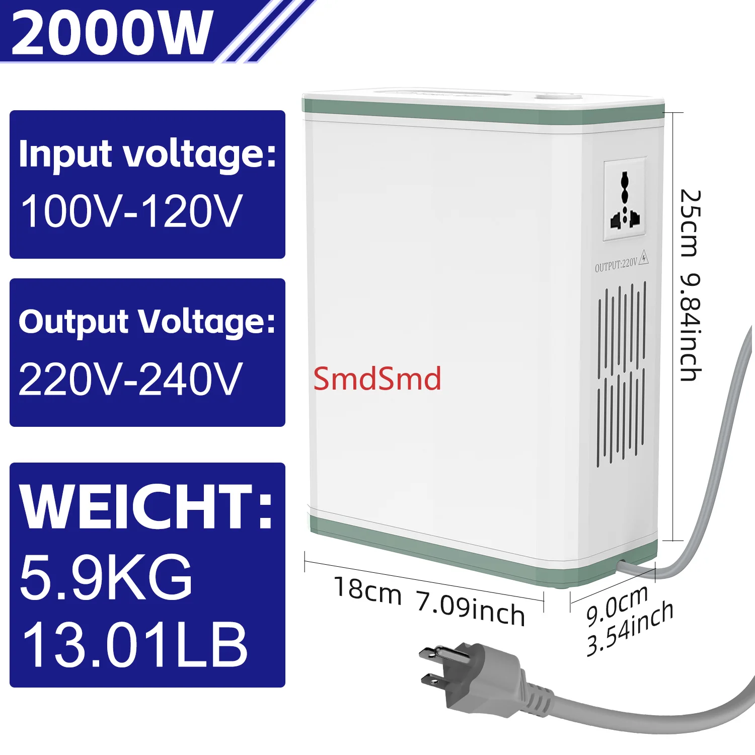 Voltage Converter 100-110V to 220V, 220V to 110V Power Transformer, 2000W Appliance Adapter with US, European, and UK Plugs.