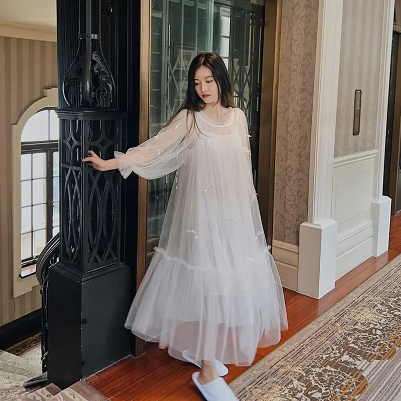 

Princess Victoria Long Sleeves Gauze Night Dress Women Sweet Round Neck Loose Vintage Nightgown Modal Two-Pieces Moring Robe New