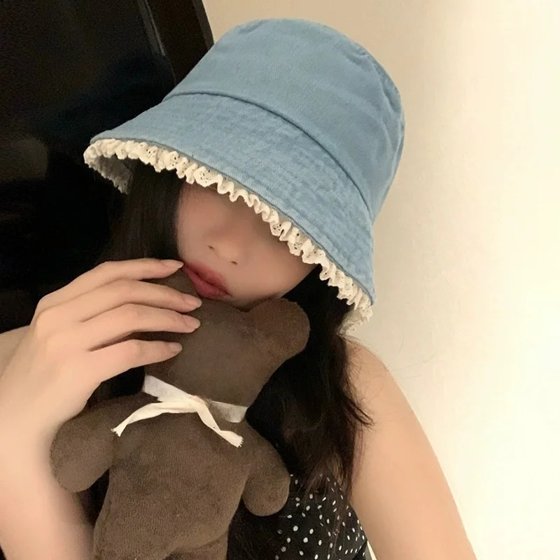 

Японская винтажная джинсовая панама для женщин, летняя шляпа-ведро с эффектом потертости, защита от солнца