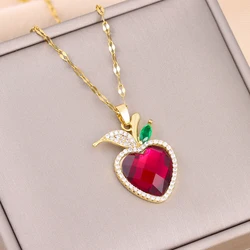 New In Sparkling Sweet Zircon Crystal Heart Apple Pendant Necklaces For Women Trendy Ladies Stainless Steel Neck Chain Jewelry