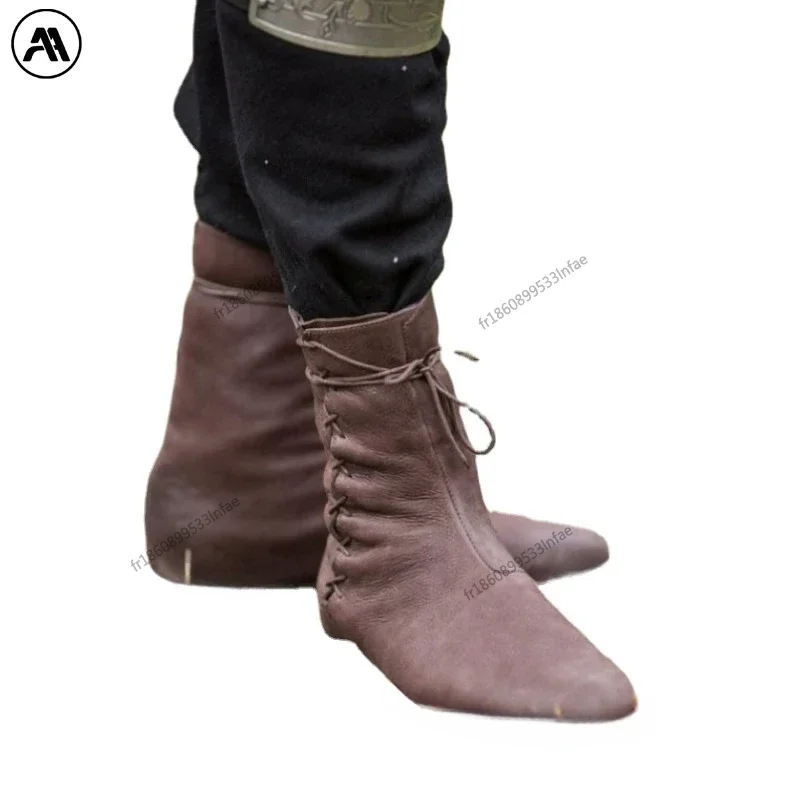 Mittelalterliche Karneval Herren Ritter Jäger Prinz Wikinger Gothic Piraten PU-Leder Stiefel Damen Requisiten Bandage Schuhe Cosplay Kostüme
