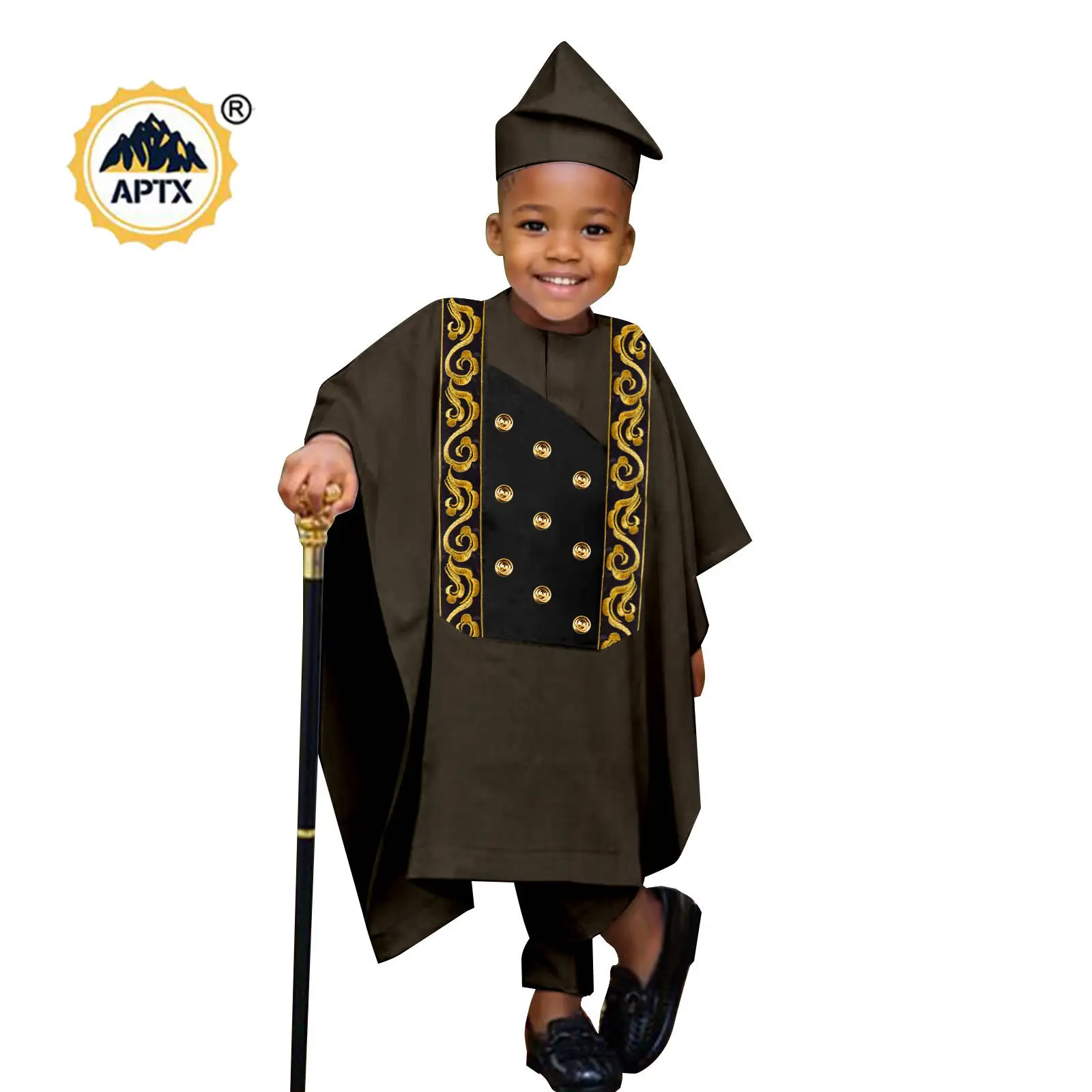 Africa Clothes for Boy Outfits Embroidery Button Robe Top and Pants Matching Hat Bazin Riche Children Kid Muslim Sets 2446044