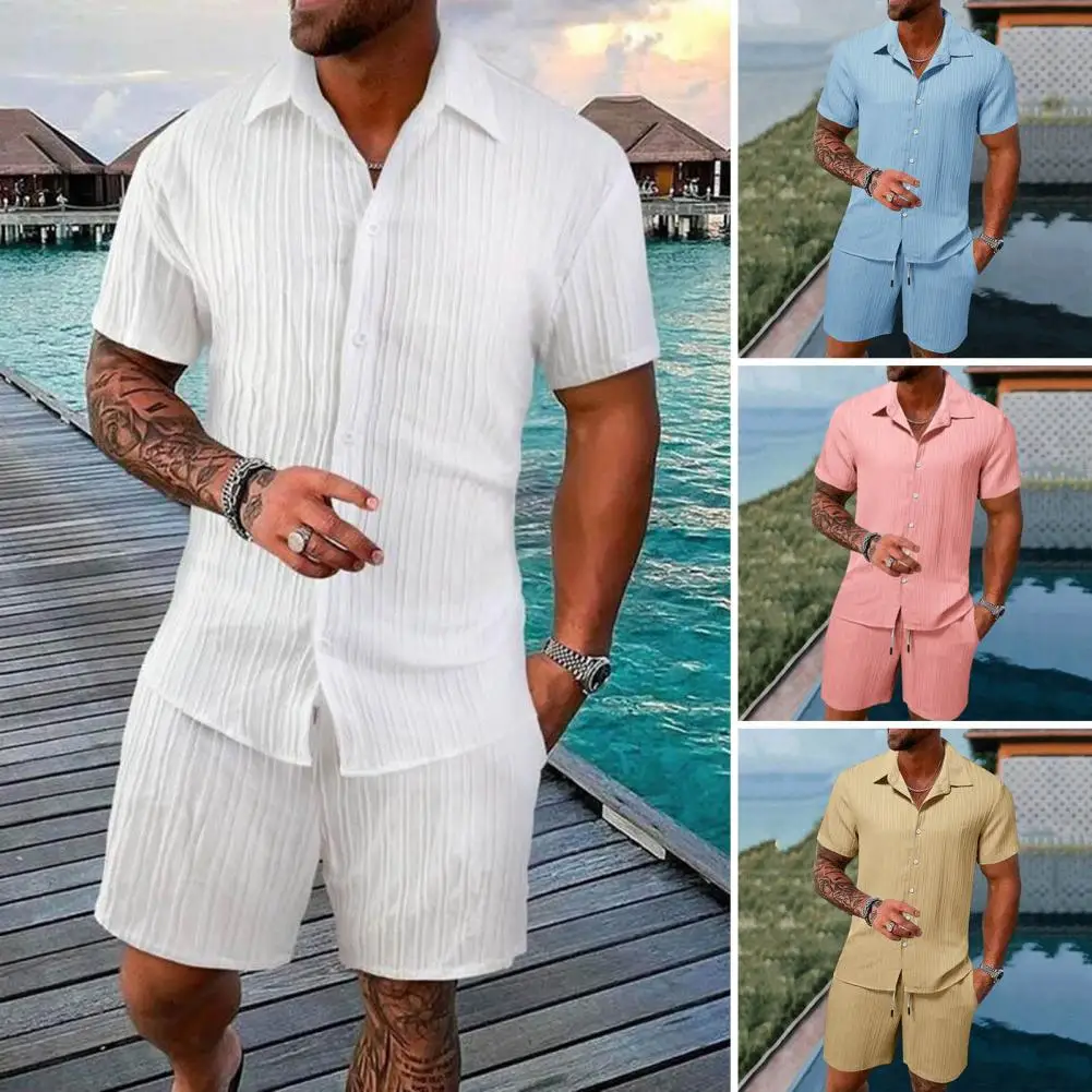 Men Casual Shirt Shorts Set Men's Casual Lapel Shirt Drawstring Waist Shorts Set for A Stylish Comfortable Outfit Breathable Men