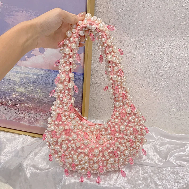 

Capacity Simple Pearl Underarm Bag Solid Color Elegant Evening Bag Shopping Work Handbag